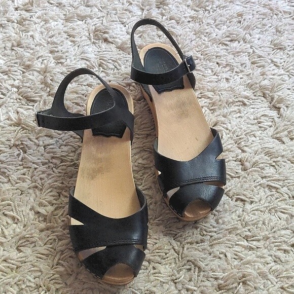 Swedish Hasbeens Shoes - Swedish Hasbeens Black Leather Peep-Toe Slingback Cork Sandals